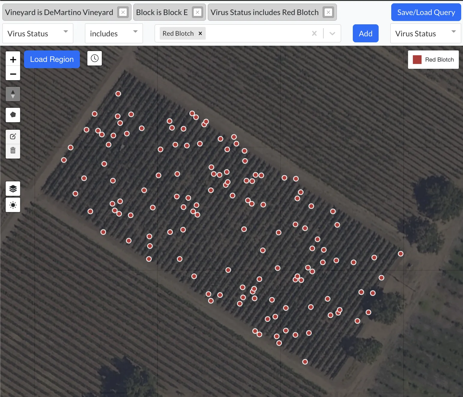 Sentinel Vine Manager map showing vine-by-vine status Example Sentinel Map